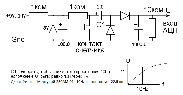 электрическая схема преобразователя импульсного сигнала счетчика в напряжение