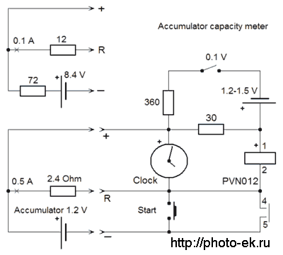 Схема измерителя ёмкости
      аккумулятора с часами и твердотельным реле